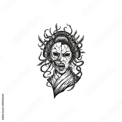 Creepy Japanese geisha illustration with a cracked skull face and sharp hair ornaments in vintage etching style.