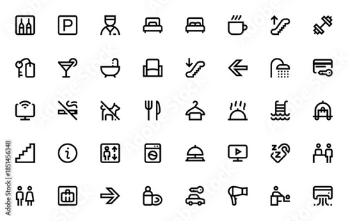 Hotel icon set. Vector illustration featuring minibar, parking, valet, bed, coffee cup, escalator, dumbbell, room key, cocktail, bathtub and more hospitality symbols.