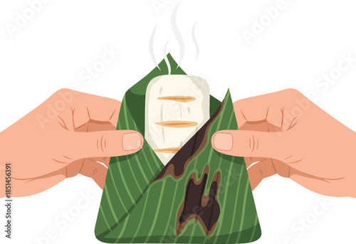 Hands Holding Steamed Rice in Leaf.