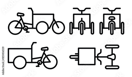 Outline vector graphics of cargo bike and tricycle from side and front views. Delivery style vehicle