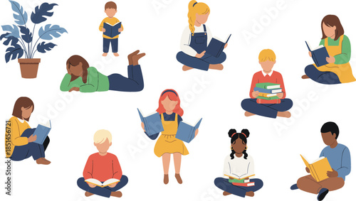  Set of diverse children and toddlers sitting and lying down while reading books in various poses for school education library and childhood literacy concepts