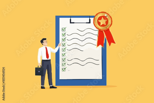 quality control concept vector illustration with people check product quality with set standard and quality icon. quality control or certified approval. product safety. guarantee checklist document