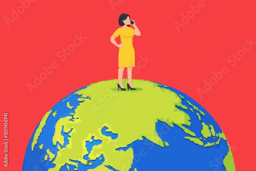 global opportunities, strategy or procedure to achieve business objective, businesswoman use telescope while climb up on big globe concept vector illustration with flat design style