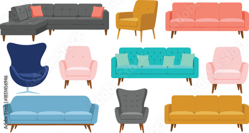  Modern mid century furniture vector set featuring colorful sofas, armchairs, couches, and lounge chairs for interior design home decor concepts