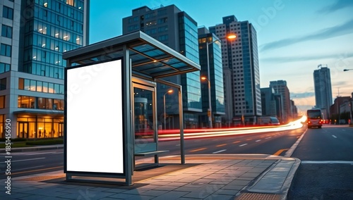 Bus stop advertisement billboard in a city street at dusk with light trails