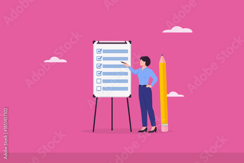 Illustration of an entrepreneur who has completed a business plan while checking off an activity agenda book, entrepreneur's responsibility, discipline work, strategy business, work plan illustration