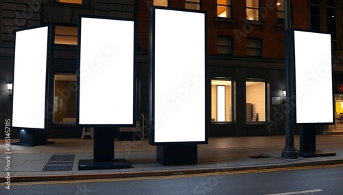 Blank illuminated billboards on a city street at night with building in background