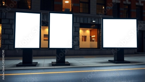 Blank digital billboards on a city street at night with copy space