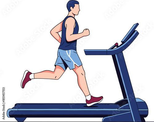  Man running on treadmill in flat design style for fitness gym workout healthy lifestyle cardio exercise and physical training concept vector illustration..