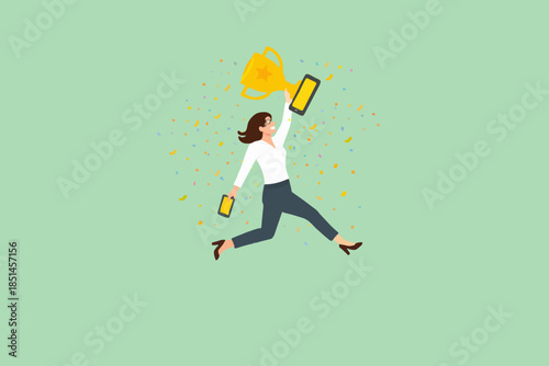 career achievement concept, celebrate work achievement, winning prize or trophy illustration, employee of the month, businesswoman holding trophy achieve her business goal or success