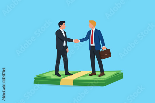 Salary Negotiation illustration, Pay Raise Discussion Or Wages And Benefit, business deal or merger and acquisition, two businessmen shaking hands on a pile of money discussing a work agreement