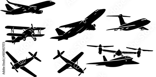 Black Airplane Silhouette Collection of Eight Flying Poses