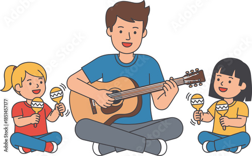 Man Playing Guitar with Children Maracas.