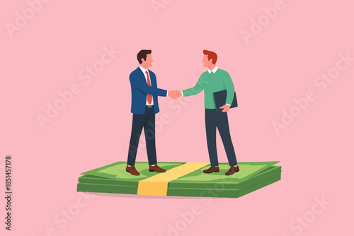 Salary Negotiation illustration, Pay Raise Discussion Or Wages And Benefit, business deal or merger and acquisition, two businessmen shaking hands on a pile of money discussing a work agreement