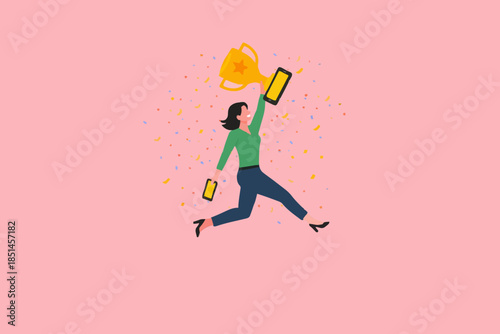 career achievement concept, celebrate work achievement, winning prize or trophy illustration, employee of the month, businesswoman holding trophy achieve her business goal or success