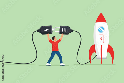 prepare start up business to achieve goal or target, Start up target of business development process, businessman connect plug with rocket to power socket to charge rocket for launching new product