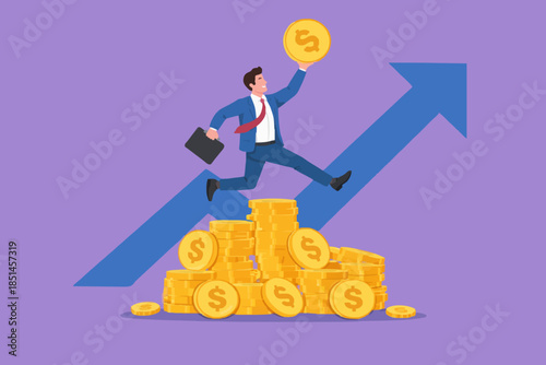 rich businessman jump high on money coin stack with business growth graph, stock market return, successful investment concept, money or financial success vector illustration with flat design style