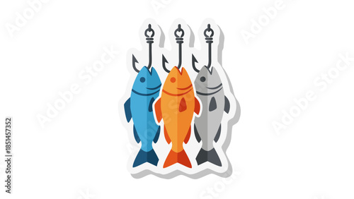 Three Fish Caught on Fishing Hooks, Flat Illustration