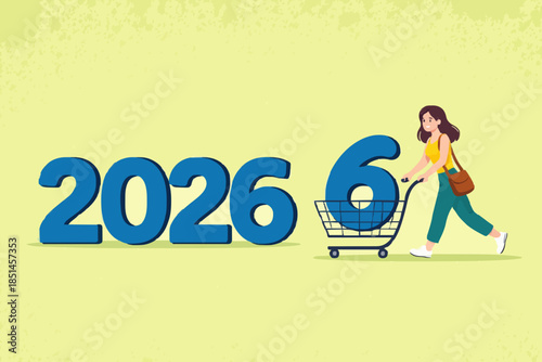 happy new year 2025 concept design with Illustration of a woman carrying the number 5 using a shopping basket to compose the year 2026, business opportunity in 2025, new year business strategy