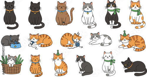 Large collection of cute cartoon cat characters in various poses including sleeping playing with yarn and wearing party hats for children stationery and pet shop decor.