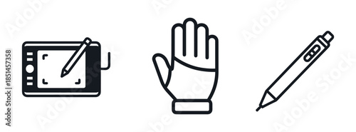 Professional digital graphic design set with drawing tablet, glove and pen stylus elements.