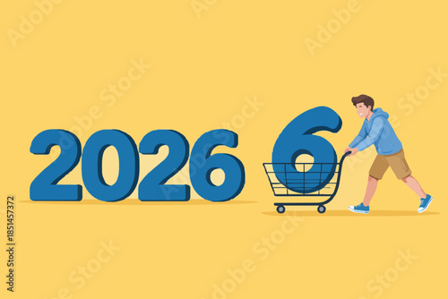 happy new year 2025 concept design with Illustration of a woman carrying the number 5 using a shopping basket to compose the year 2026, business opportunity in 2025, new year business strategy