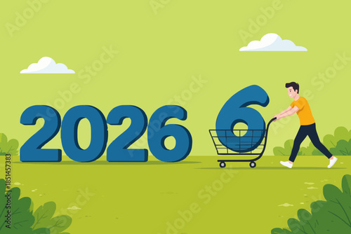 happy new year 2025 concept design with Illustration of a woman carrying the number 5 using a shopping basket to compose the year 2026, business opportunity in 2025, new year business strategy