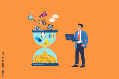 skill to earn money, work experience or skill development, learning new skill, expertise success, businessman converts multiple skills into money using hourglass