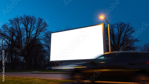 Blank billboard illuminated at night with blurred car traffic in foreground
