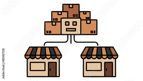 Supply Chain Boxes Delivering to Two Stores Illustration
