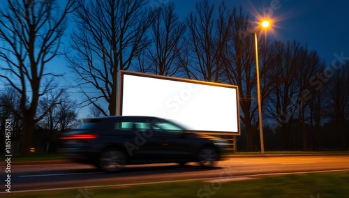 Car driving past illuminated billboard at dusk with bare trees