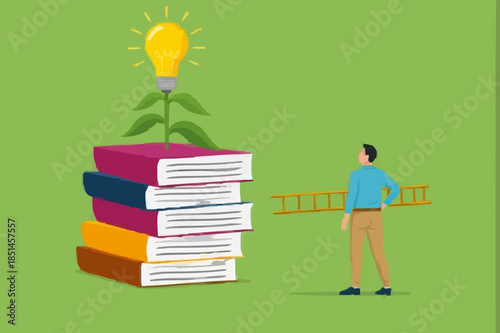 efforts to achieve higher education, cost to graduate high degree education, businessman with ladder preparing to climb book and education light bulb plant concept vector illustration