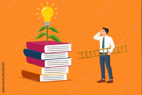 efforts to achieve higher education, cost to graduate high degree education, businessman with ladder preparing to climb book and education light bulb plant concept vector illustration