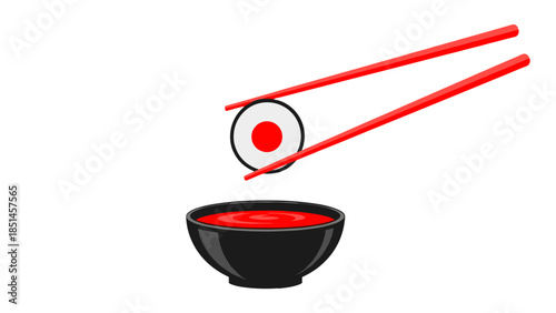 Sushi Roll Dipping in Soy Sauce with Red Chopsticks