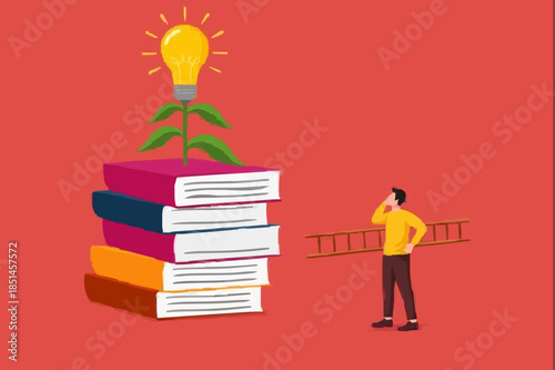 efforts to achieve higher education, cost to graduate high degree education, businessman with ladder preparing to climb book and education light bulb plant concept vector illustration