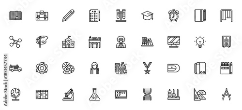 Education icon set. Vector illustration. Minimal line icons pack. Includes symbols for book, pencil, student, school, university, computer, diploma, microscope and more. Editable stroke.