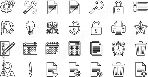 Business productivity line icon set illustration, office management tools documents security planning symbols collection, outline workflow vector design