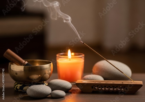 Tibetan singing bowl meditation set with candle and incense isolated on white background