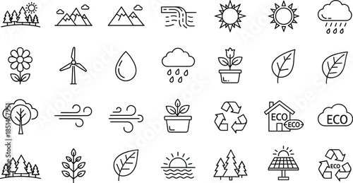 Eco nature icons set, environmental symbols, renewable energy, green lifestyle, recycling, weather, plants, forest, sustainability, line art, outline, vector illustration