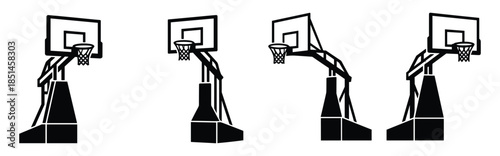 Set of four portable basketball hoops with nets, black outline icon design illustration.