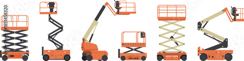 Aerial lift platforms vector set featuring scissor lifts and articulated boom lifts mobile access equipment isolated on white background design