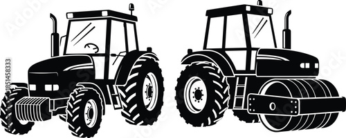 Agricultural tractor and road roller vector illustration, heavy farming and construction machinery set, industrial vehicle icons, black and white design