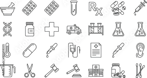 Medical healthcare line icon set illustration, pharmacy laboratory treatment medicine symbols collection, outline clinical hospital vector design