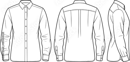Blank long sleeve button up shirt front back side views, apparel mockup template, fashion technical cad drawing flat vector illustration