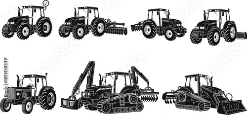 Agricultural tractor machinery vector illustration set, modern and vintage farm vehicles with plow harrow loader attachments for farming industry design use
