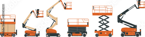 Aerial work platforms vector illustration set showing scissor lifts and boom lifts industrial access equipment isolated on white background design