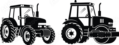Agricultural tractor and road roller vector set, heavy farming and construction vehicles illustration, industrial machinery icons, black and white design