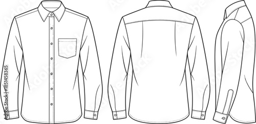 Blank long sleeve button up shirt pocket front back side views, apparel mockup template, fashion cad drawing flat vector illustration