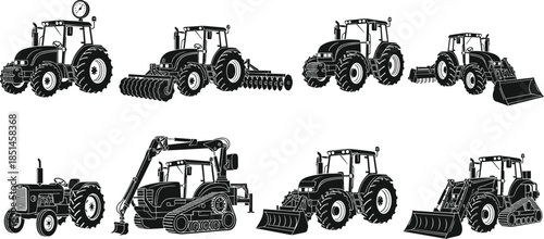 Agricultural tractor machinery vector set, farm equipment vehicles with plow loader harrow attachments, heavy farming machines illustration collection for rural agriculture design
