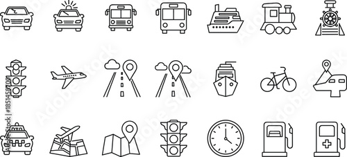 Transportation and travel line icon set illustration, public transport navigation vehicle symbols collection, outline mobility journey vector design